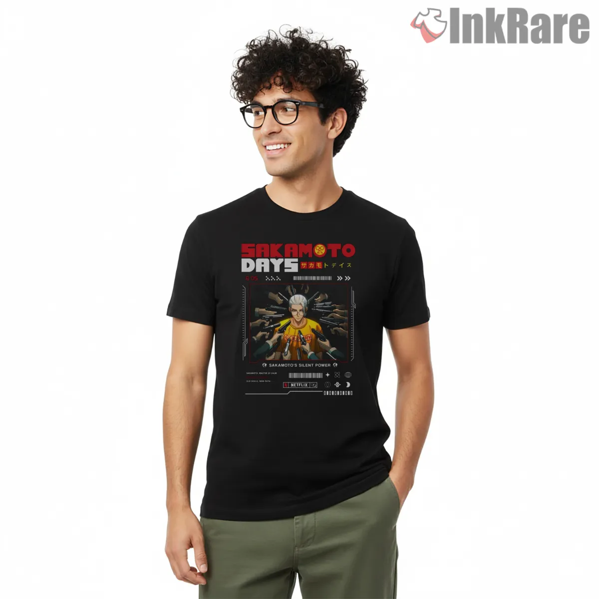 Sakamoto Silent Power Weapon Halo Minimal Anime Shirt on black short sleeve shirt for men graphic tee