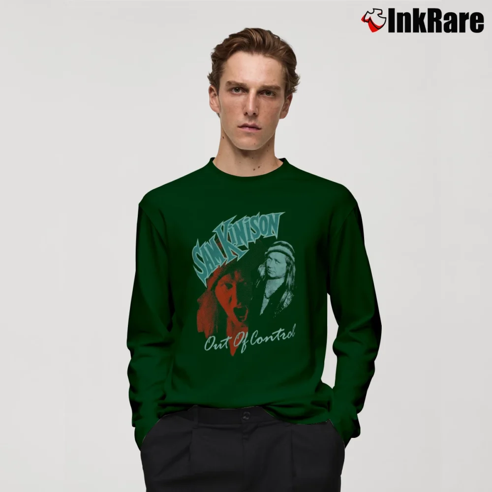 Men’s Sam Kinison Out Of Control Tour 80s Long-Sleeve Shirt in forest green | Sleek, Lightweight, Year-Round Wear