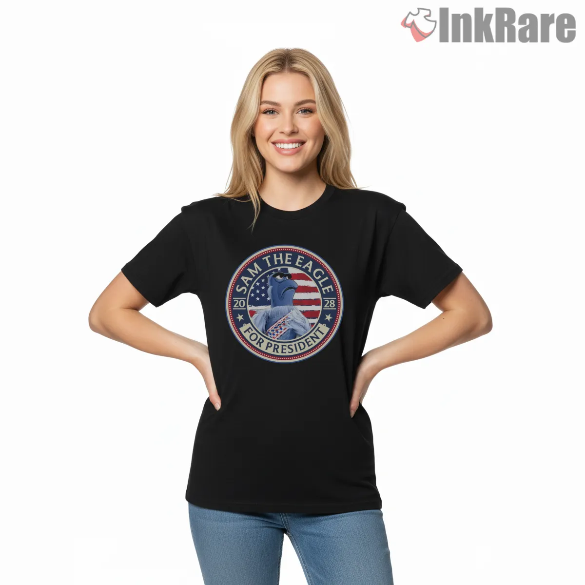 Sam The Eagle For President 2028 Patriotic Campaign Short Sleeve Black Sam The Eagle For President 2028 Patriotic Campaign Shirt on black short sleeve shirt for women graphic tee