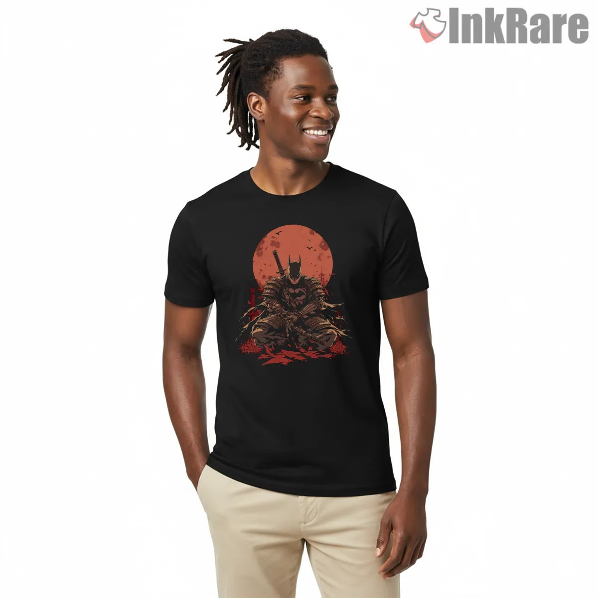 Samurai Batman Crimson Moon Warrior Short Sleeve Black Samurai Batman Crimson Moon Warrior Shirt on black short sleeve shirt for men graphic tee
