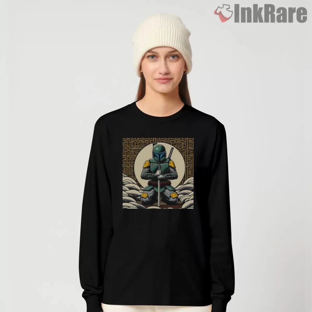 Samurai Boba Fett Mythic Warrior Shirt on black long sleeve shirt for women graphic tee