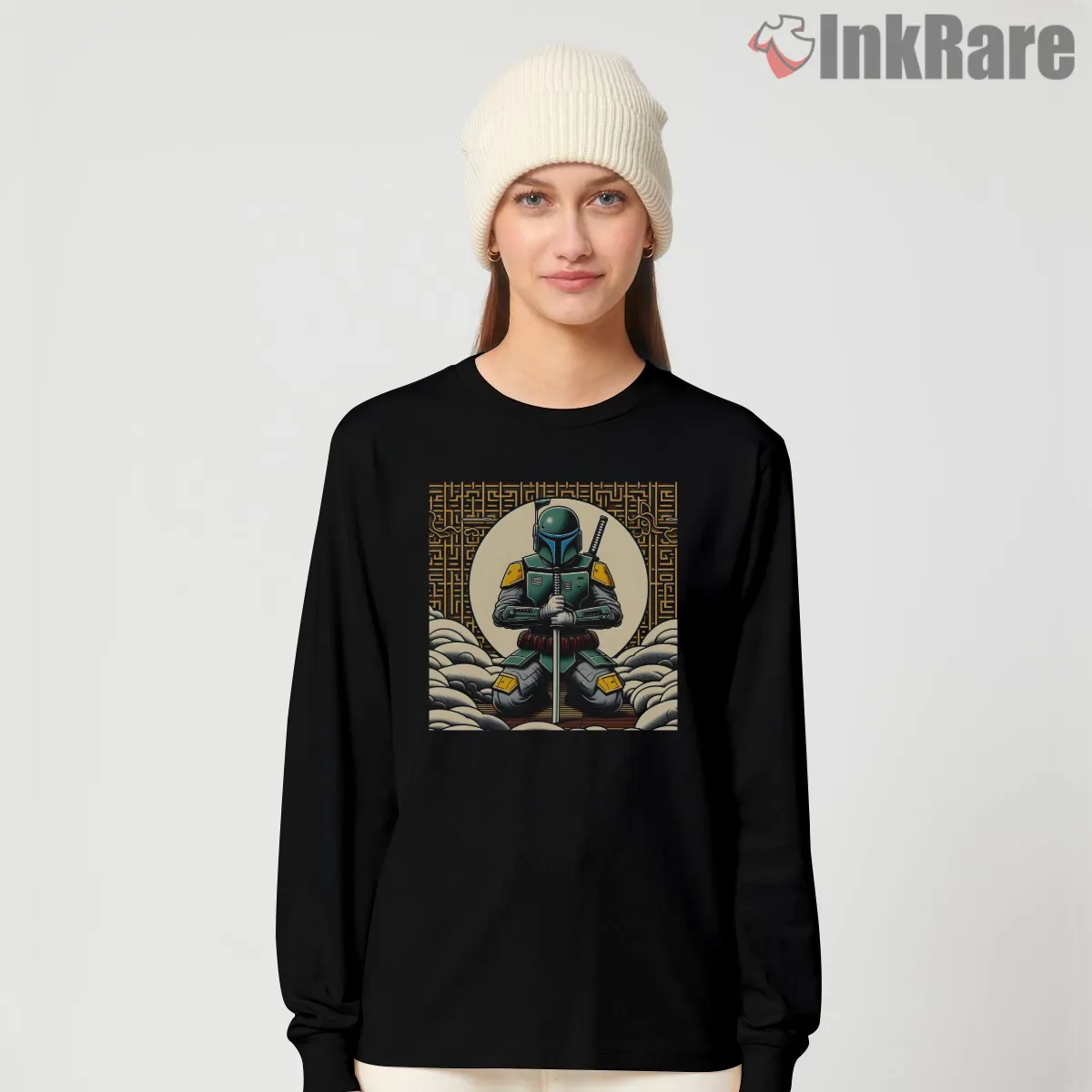 Samurai Boba Fett Mythic Warrior Long Sleeve Black Samurai Boba Fett Mythic Warrior Shirt on black long sleeve shirt for women graphic tee