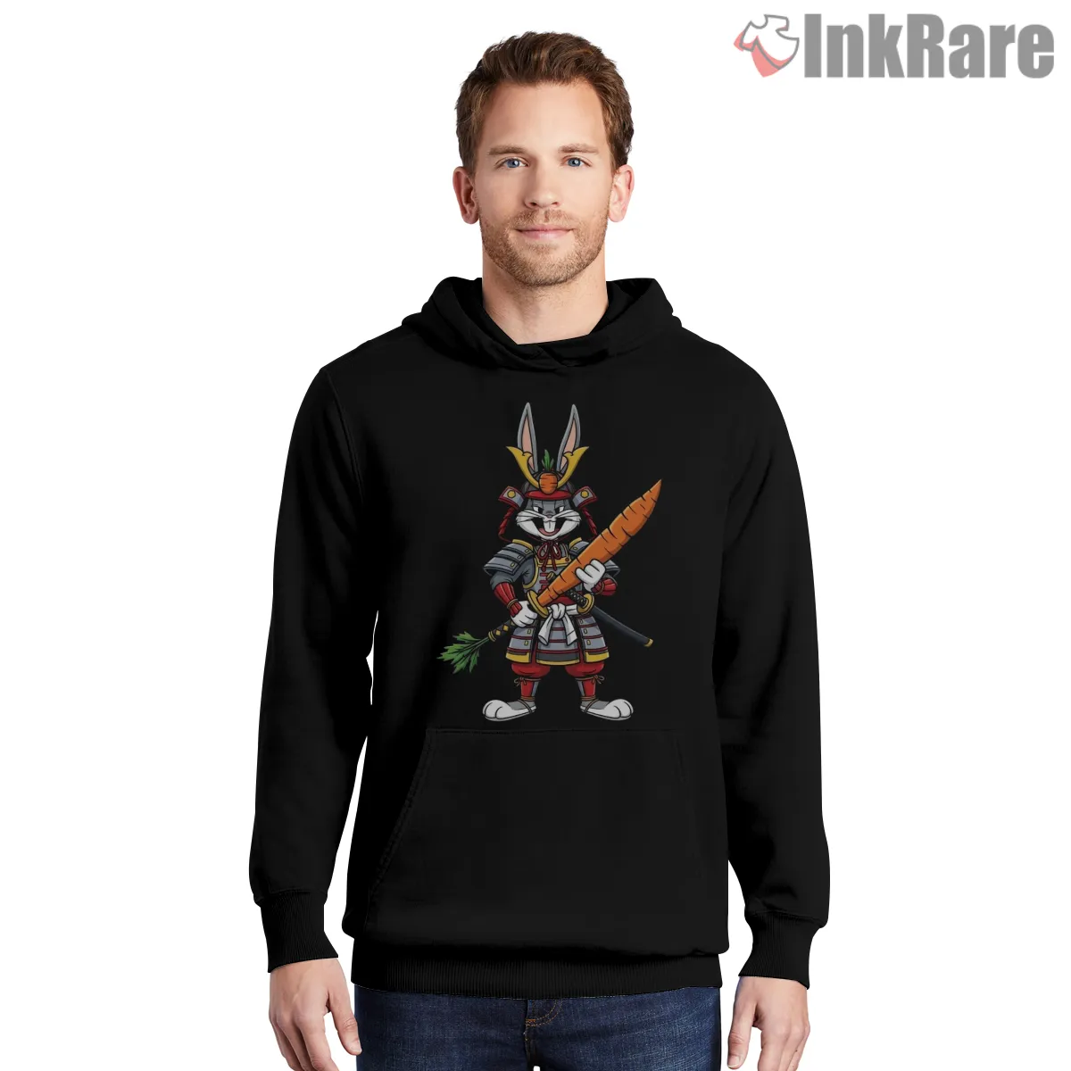 Samurai Bugs Bunny Carrot Katana Shirt on black hoodie for men graphic tee