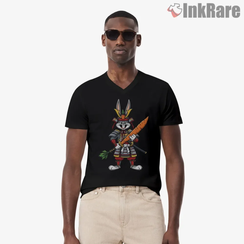 Samurai Bugs Bunny Carrot Katana Shirt on black v-neck shirt for men graphic tee