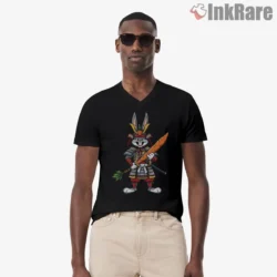 Samurai Bugs Bunny Carrot Katana Shirt on black v-neck shirt for men graphic tee