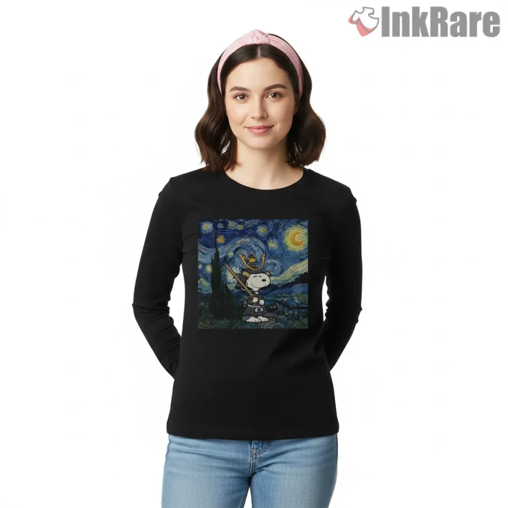 Samurai Snoopy And Woodstock Starry Night Art Shirt on black long sleeve shirt for women graphic tee