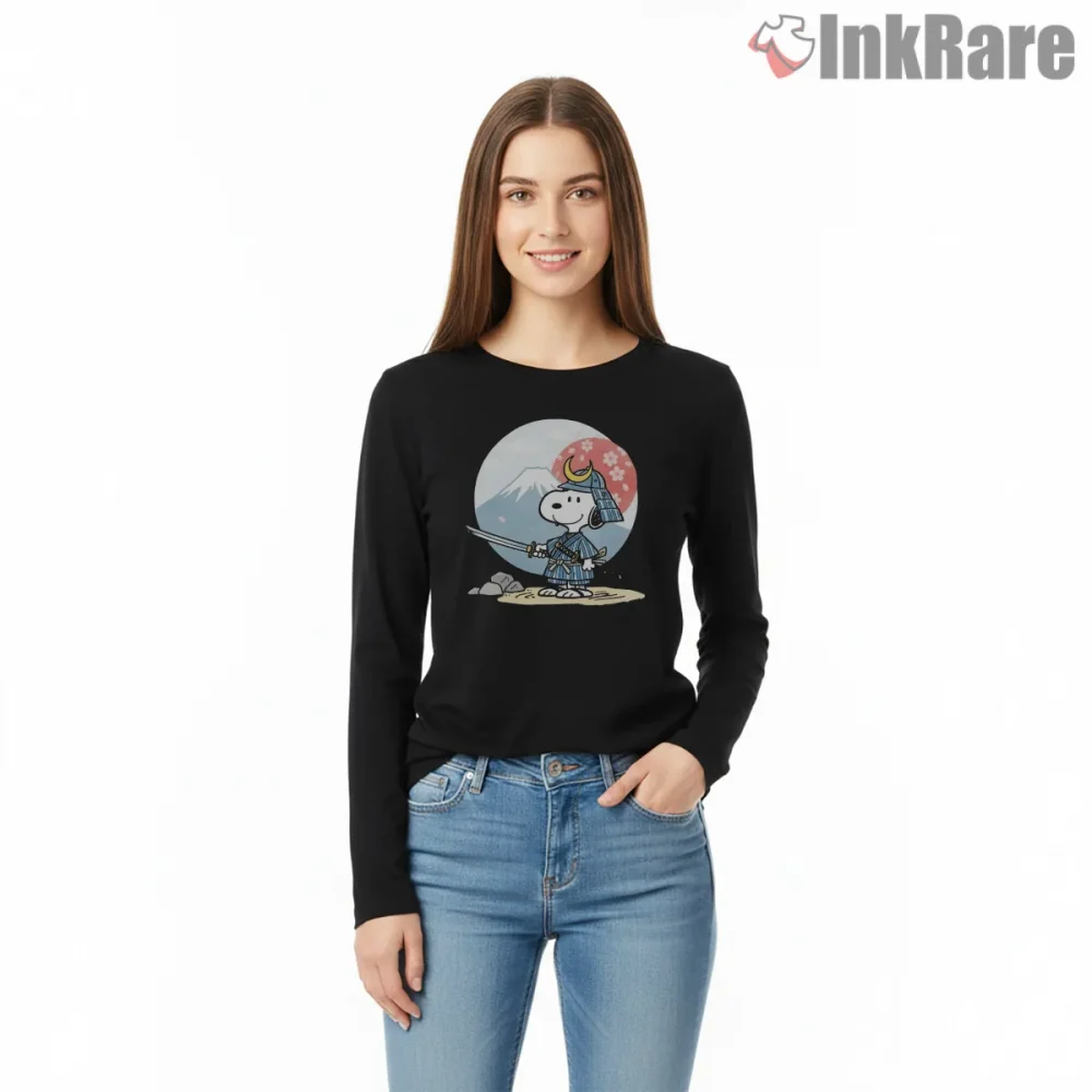 Samurai Snoopy Japanese Warrior Graphic Shirt on black long sleeve shirt for women graphic tee