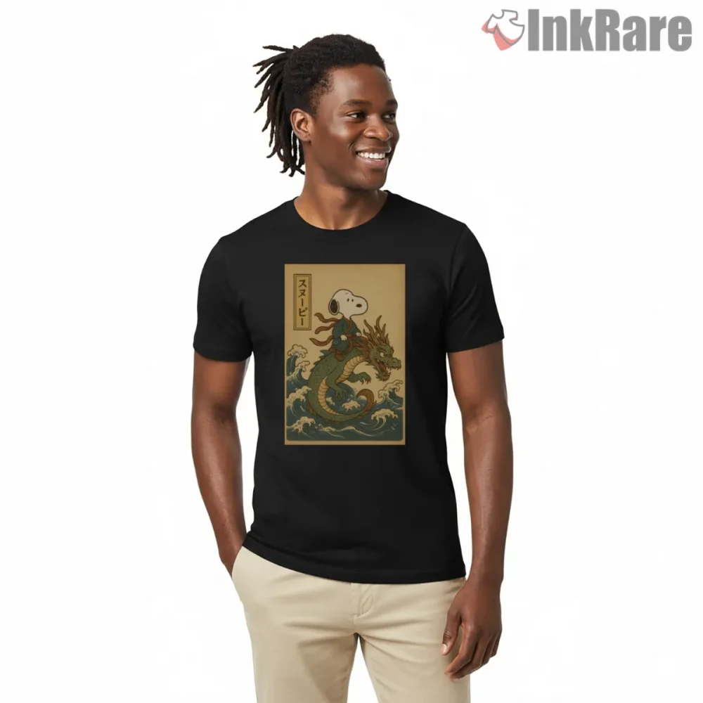 Samurai Snoopy Riding Dragon Fantasy Shirt on black short sleeve shirt for men graphic tee