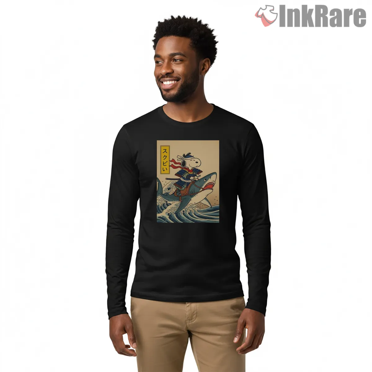 Samurai Snoopy Riding Shark Adventure Long Sleeve Black Samurai Snoopy Riding Shark Adventure Shirt on black long sleeve shirt for men graphic tee