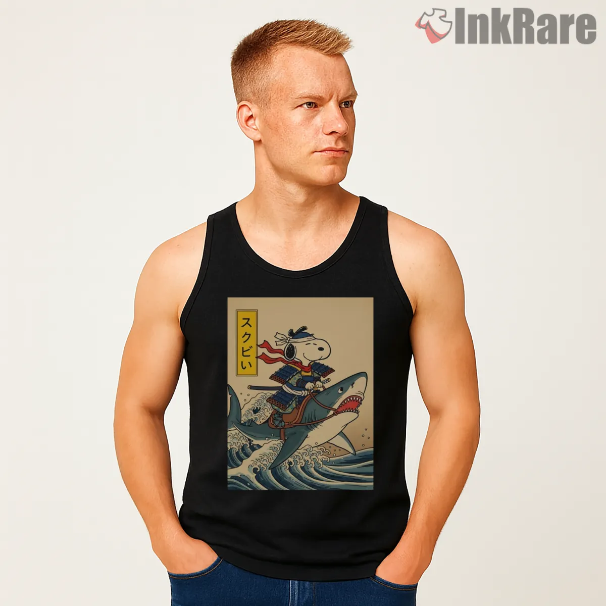 Samurai Snoopy Riding Shark Adventure Shirt on black tank top for men graphic tee