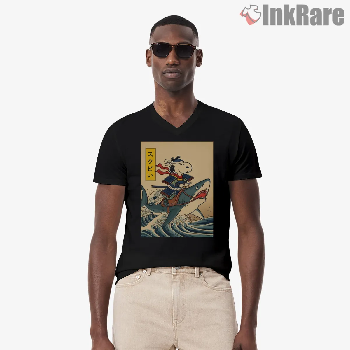Samurai Snoopy Riding Shark Adventure V Neck Black Samurai Snoopy Riding Shark Adventure Shirt on black v-neck shirt for men graphic tee