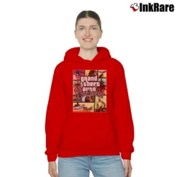 Women’s San Andreas Poster Gaming Graphic Cozy Hoodie in red | Warm, Structured, Stylish