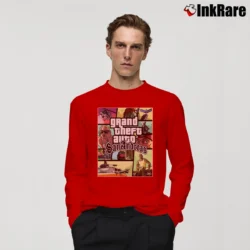 Men’s San Andreas Poster Gaming Graphic Long-Sleeve Shirt in red | Sleek, Lightweight, Year-Round Wear