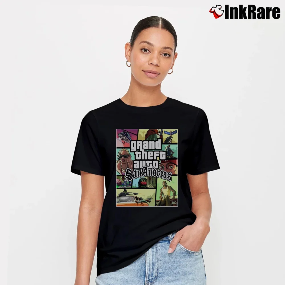 Women’s San Andreas Poster Gaming Graphic Signature T-Shirt in black | Soft, Flattering Fit