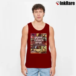 Men’s San Andreas Poster Gaming Graphic Tank Top in maroon | Breathable, Active-Friendly Design