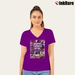 Women’s San Andreas Poster Gaming Graphic V-Neck Tee in purple | Chic Neckline, Soft Texture