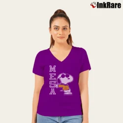 Women’s San Diego Mesa College Snoopy Charlie Brown V-Neck Tee in purple | Chic Neckline, Soft Texture