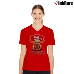 Women’s San Francisco 49ers Baby Yoda Star Wars Football V-Neck Tee in red | Chic Neckline, Soft Texture