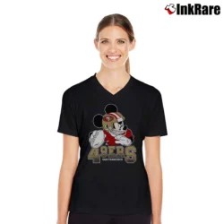 Women’s San Francisco 49ers Mickey Mouse NFL Football V-Neck Tee in black | Chic Neckline, Soft Texture