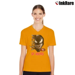 Women’s San Francisco 49ers Venom Marvel NFL Fan V-Neck Tee in orange | Chic Neckline, Soft Texture