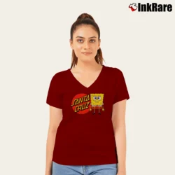 Women’s Santa Cruz Spongebob Group Collab Skateboard V-Neck Tee in maroon | Chic Neckline, Soft Texture