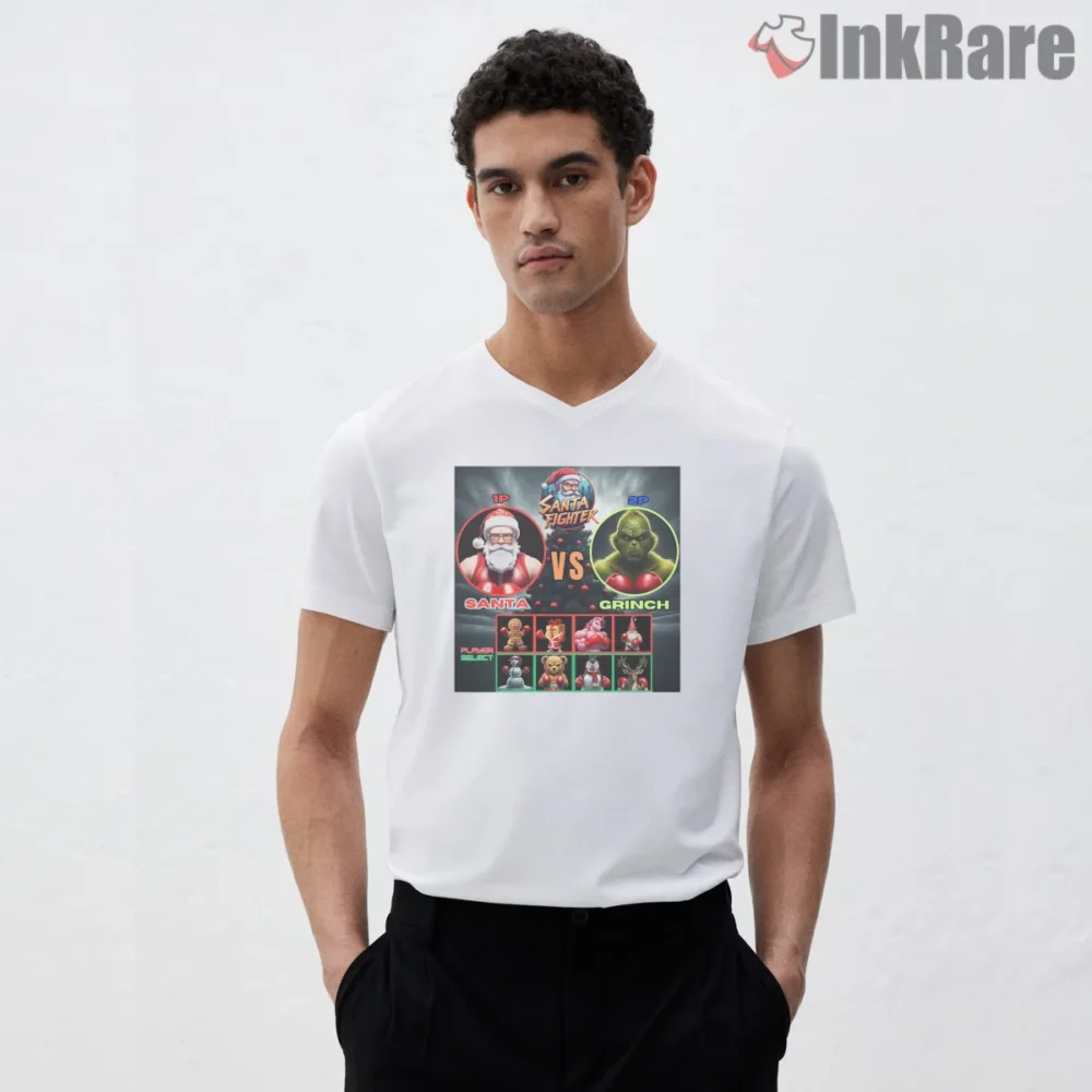 Santa Fighter Versus Grinch Retro Arcade Christmas Shirt on white v-neck shirt for men graphic tee