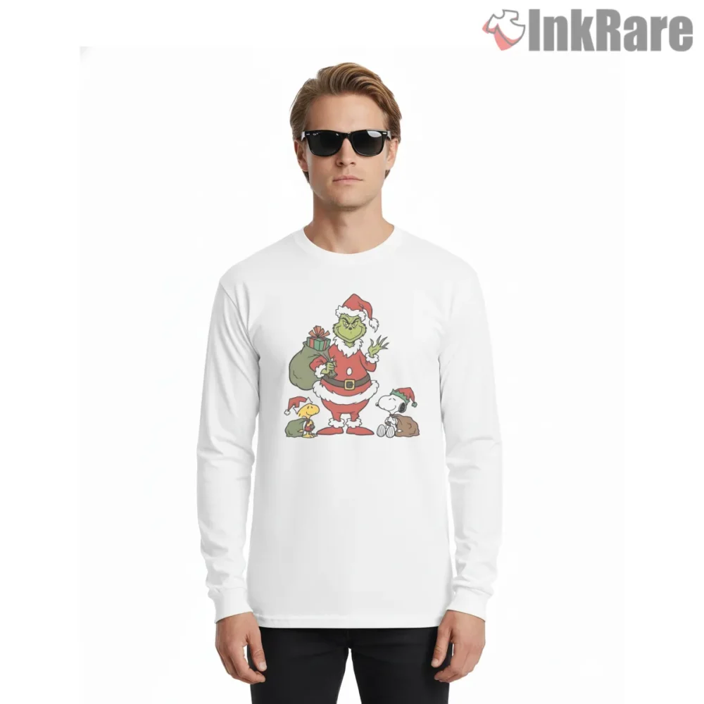 Santa Grinch With Snoopy And Woodstock Crossover Shirt on white long sleeve shirt for men graphic tee