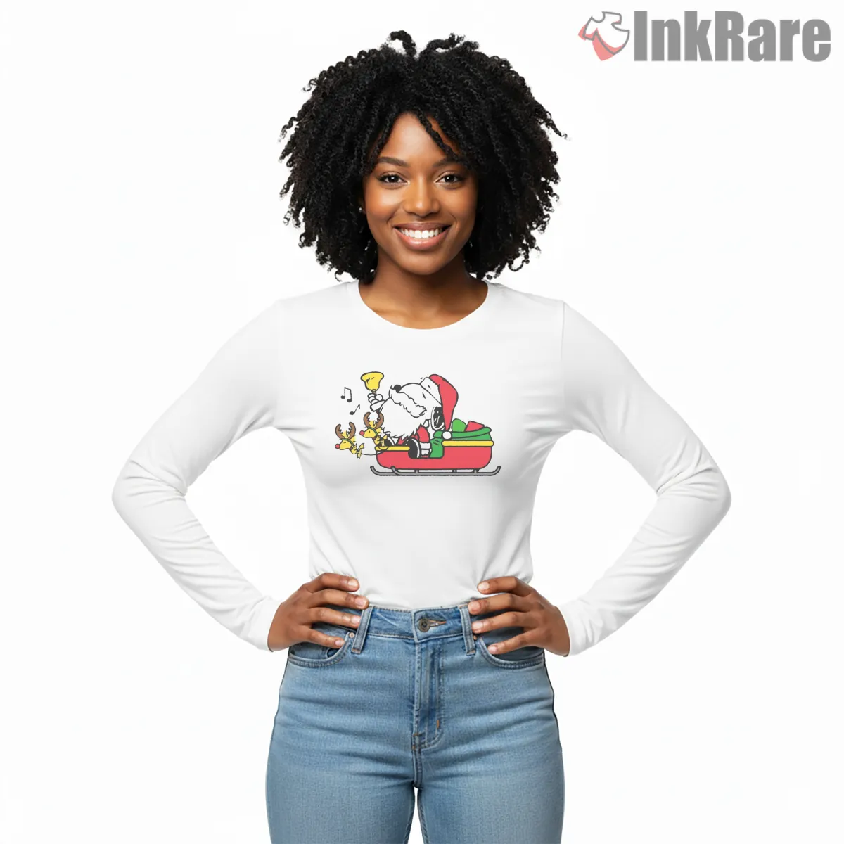 Santa Snoopy Ho Ho Ho Sleigh Ride Long Sleeve White Santa Snoopy Ho Ho Ho Sleigh Ride Shirt on white long sleeve shirt for women graphic tee