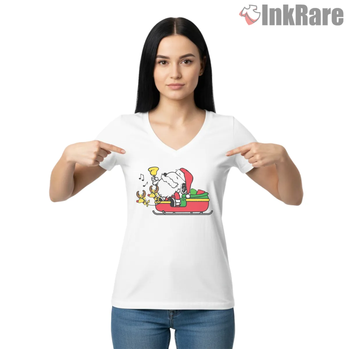 Santa Snoopy Ho Ho Ho Sleigh Ride V Neck White Santa Snoopy Ho Ho Ho Sleigh Ride Shirt on white v-neck shirt for women graphic tee