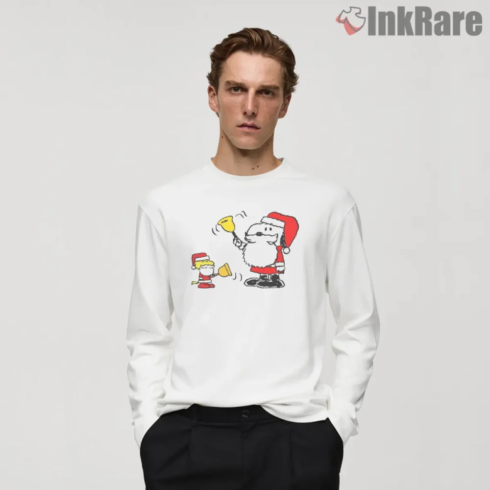 Santa Snoopy Holiday Bell Ringing Shirt on white long sleeve shirt for men graphic tee