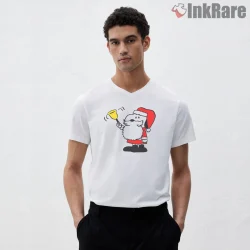 Santa Snoopy Little Ringer Christmas Shirt on white v-neck shirt for men graphic tee