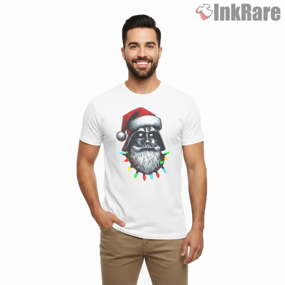 Santa Vader Festive Holiday Portrait Shirt on white short sleeve shirt for men graphic tee