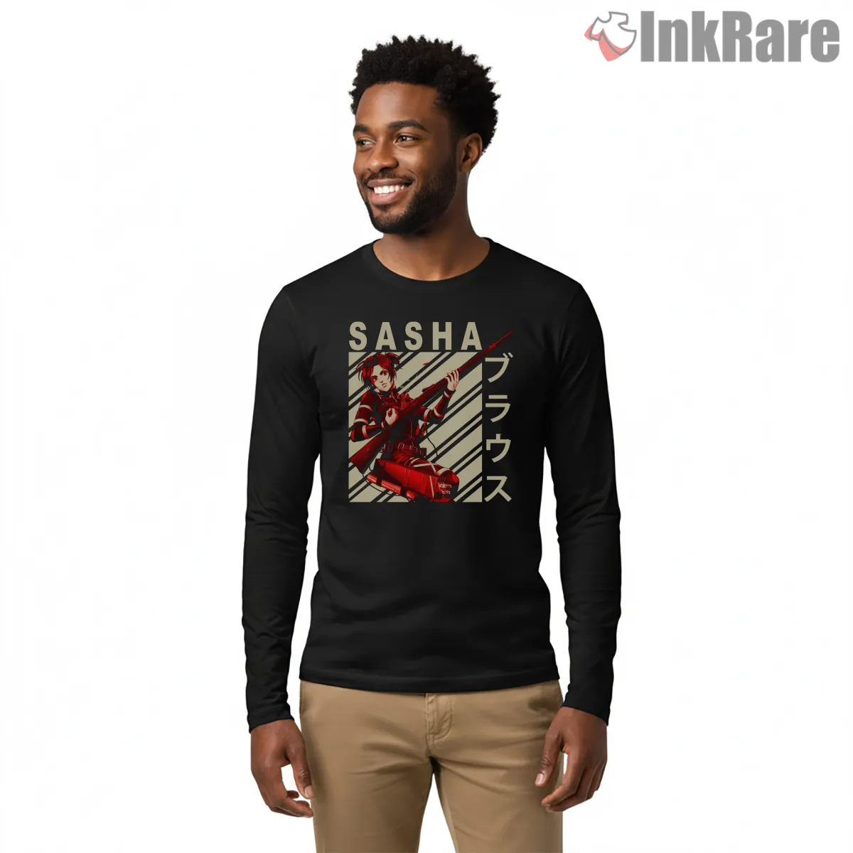 Sasha Braus Bold Rifle Poster Shirt on black long sleeve shirt for men graphic tee