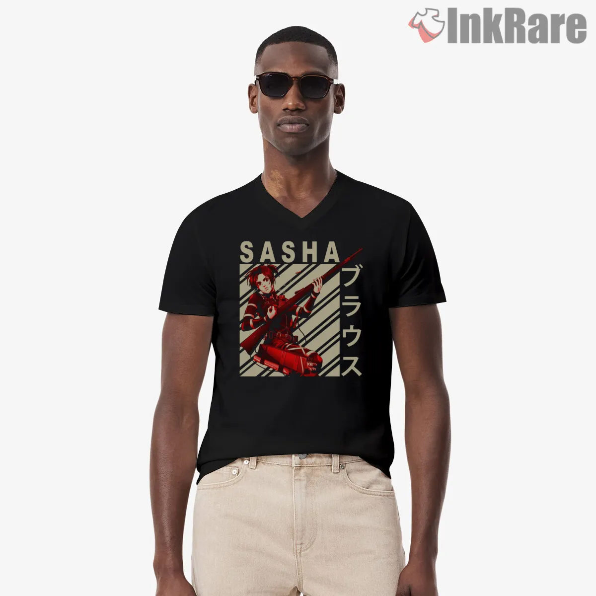 Sasha Braus Bold Rifle Poster V Neck Black Sasha Braus Bold Rifle Poster Shirt on black v-neck shirt for men graphic tee