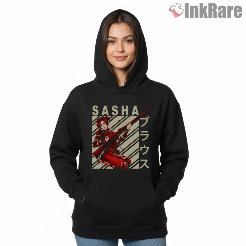 Sasha Braus Bold Rifle Poster Shirt on black hoodie for women graphic tee