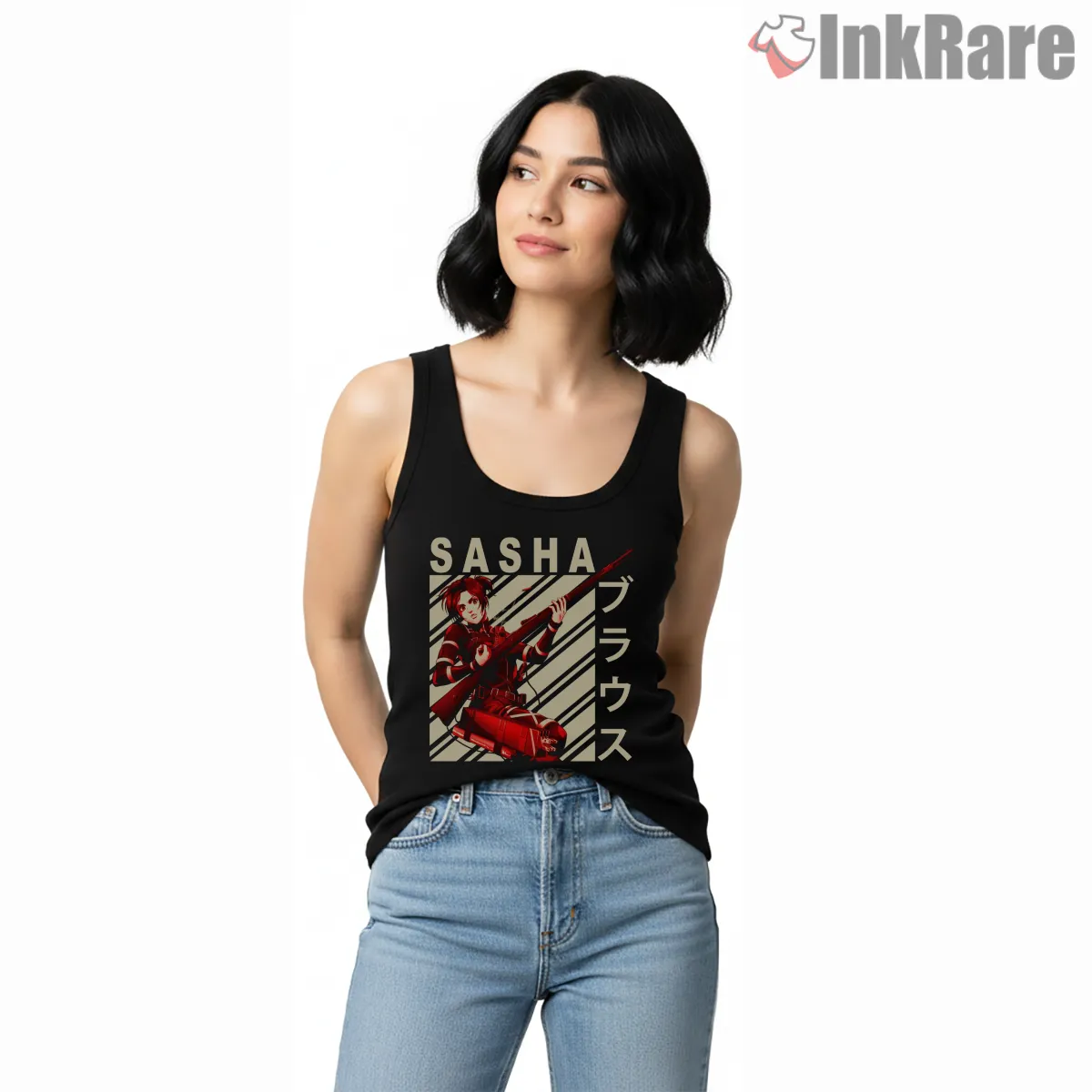 Sasha Braus Bold Rifle Poster Tank Top Black Sasha Braus Bold Rifle Poster Shirt on black tank top for women graphic tee
