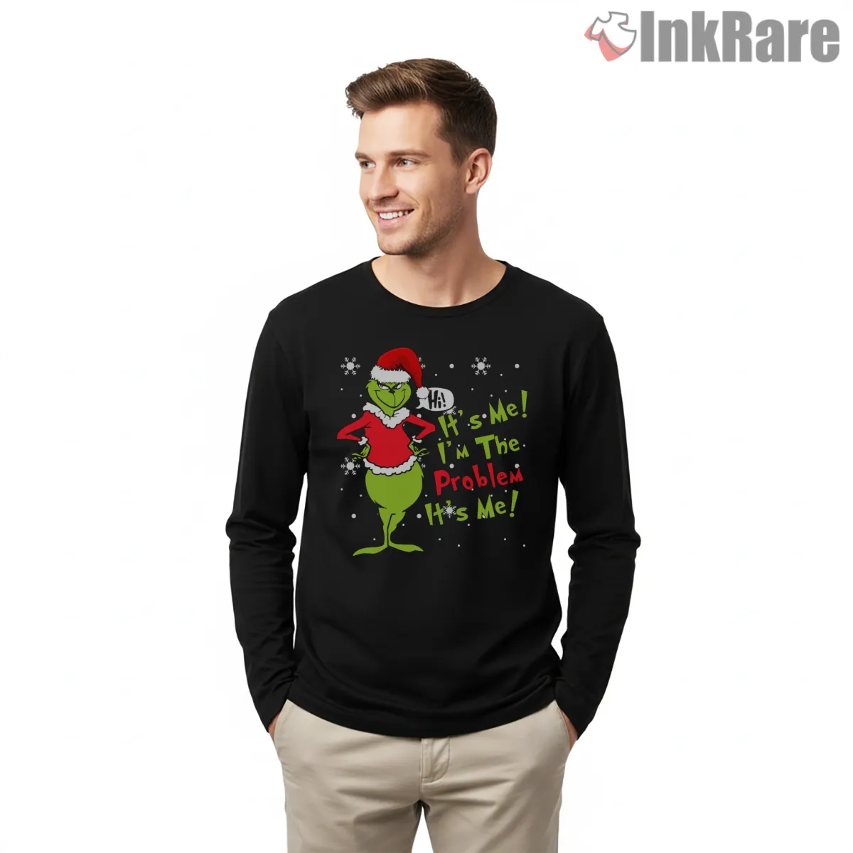 Sassy Grinch Christmas Chaos Problem Shirt on black long sleeve shirt for men graphic tee