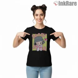 Sassy Style Betty Boop Cozy Sweater Shirt on black short sleeve shirt for women graphic tee