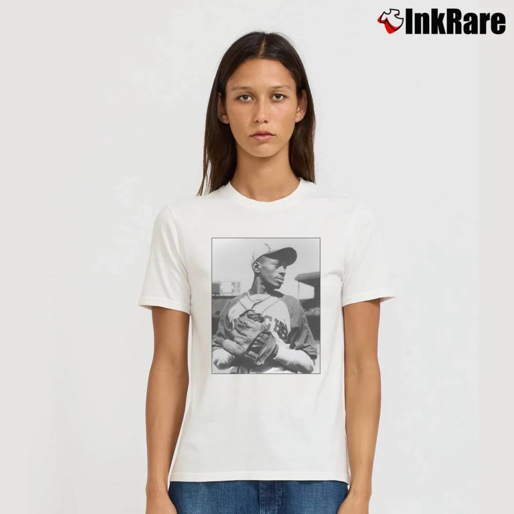 Women’s Satchel Paige Baseball Image Design Signature T-Shirt in white | Soft, Flattering Fit