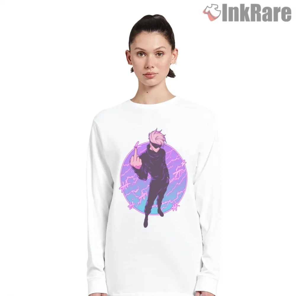 Satoru Gojo Attitude Pose Neon Circle Anime Shirt on white long sleeve shirt for women graphic tee