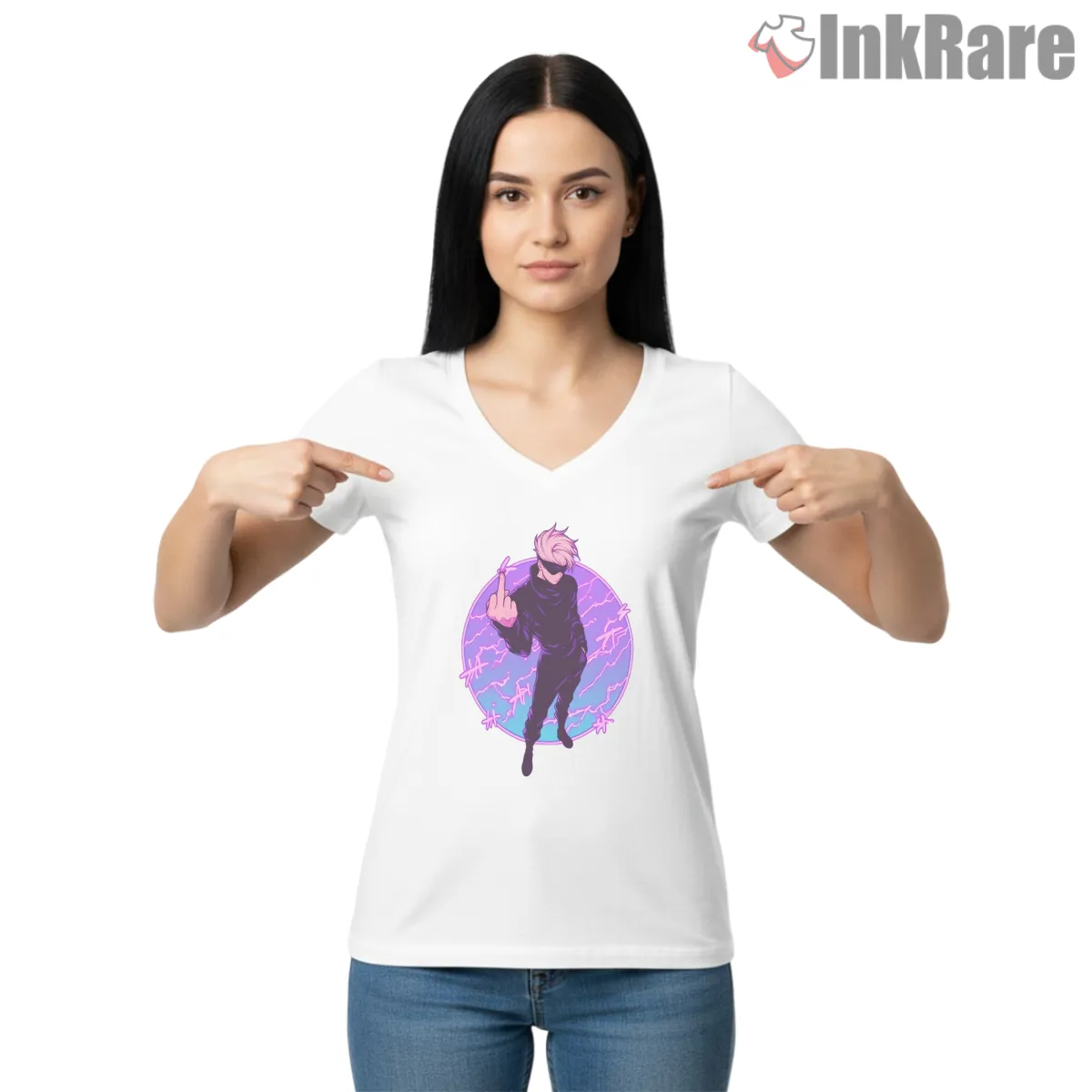 Satoru Gojo Attitude Pose Neon Circle Anime Shirt on white v-neck shirt for women graphic tee