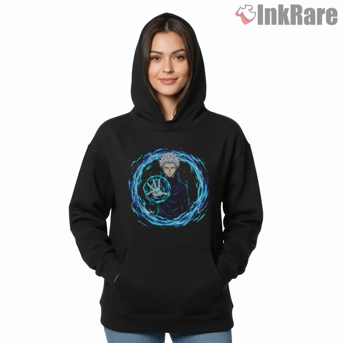 Satoru Gojo Blue Infinity Energy Circle Anime Shirt on black hoodie for women graphic tee