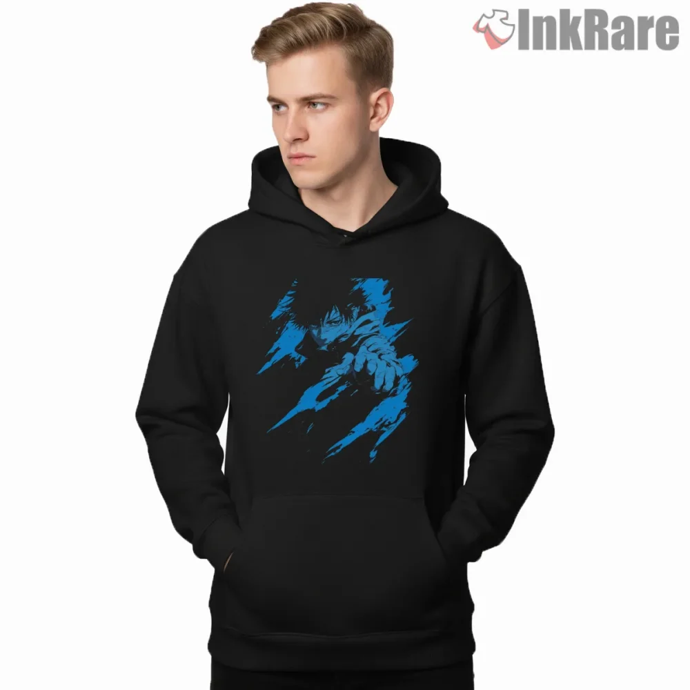 Satoru Gojo Blue Shadow Hand Motion Anime Shirt on black hoodie for men graphic tee