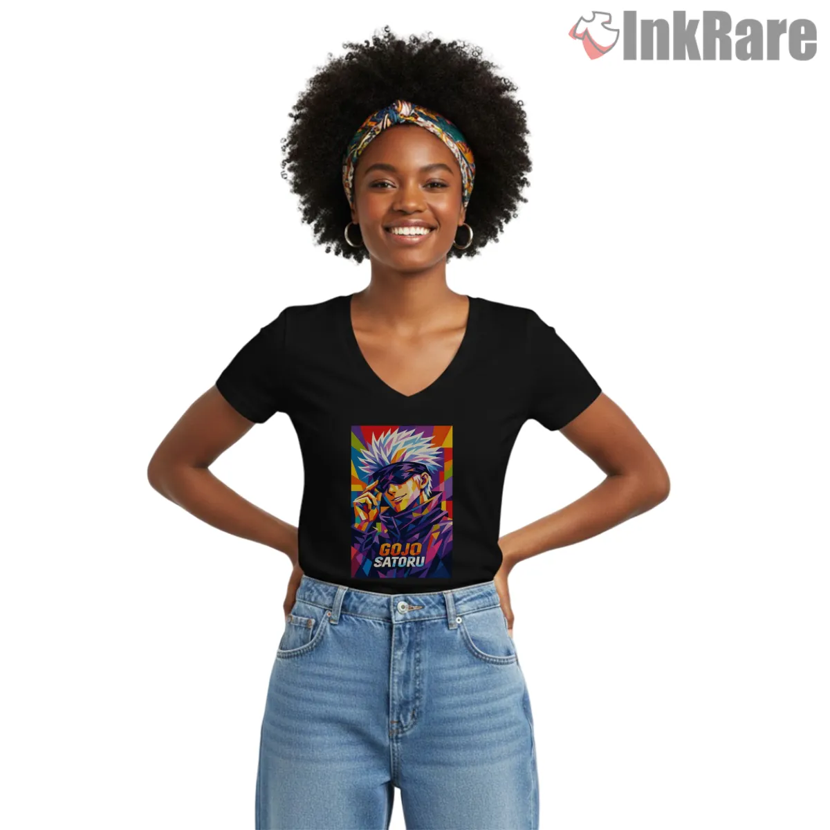 Satoru Gojo Colorful Pop Art Portrait Anime Shirt on black v-neck shirt for women graphic tee