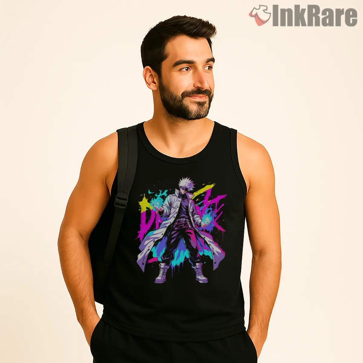 Satoru Gojo Full Body Neon Splash Anime Shirt on black tank top for men graphic tee