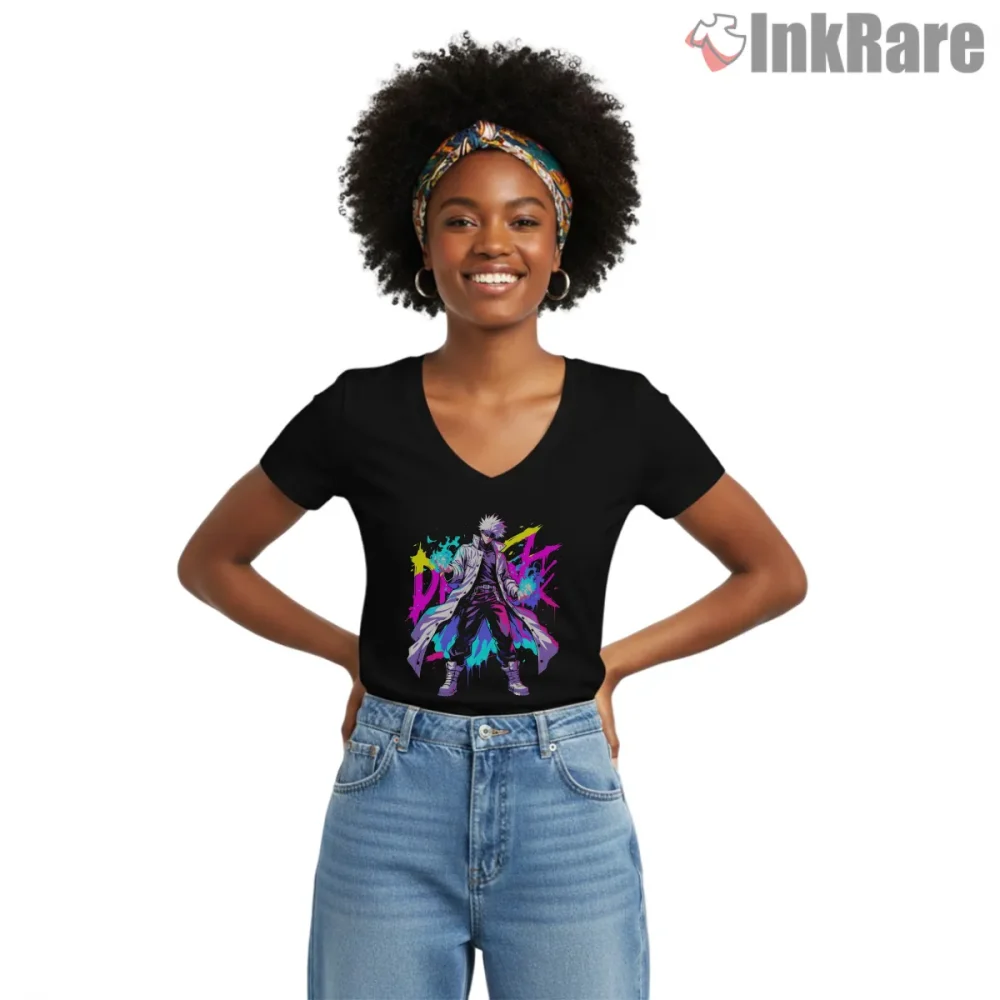 Satoru Gojo Full Body Neon Splash Anime Shirt on black v-neck shirt for women graphic tee