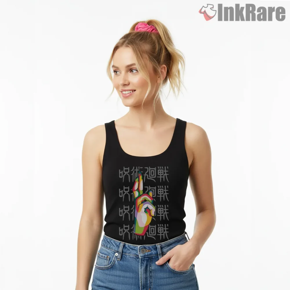 Satoru Gojo Hand Gesture Minimal Symbol Anime Shirt on black tank top for women graphic tee