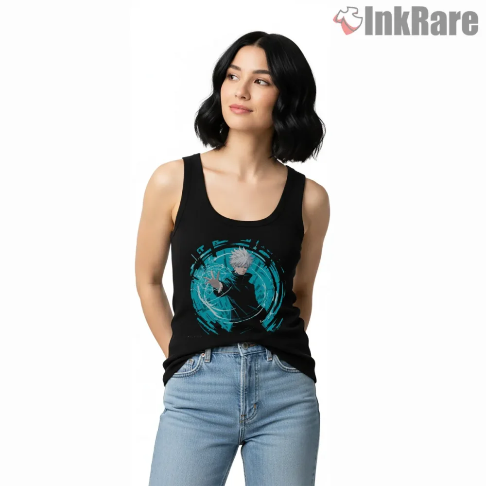 Satoru Gojo Hollow Purple Energy Sphere Anime Shirt on black tank top for women graphic tee
