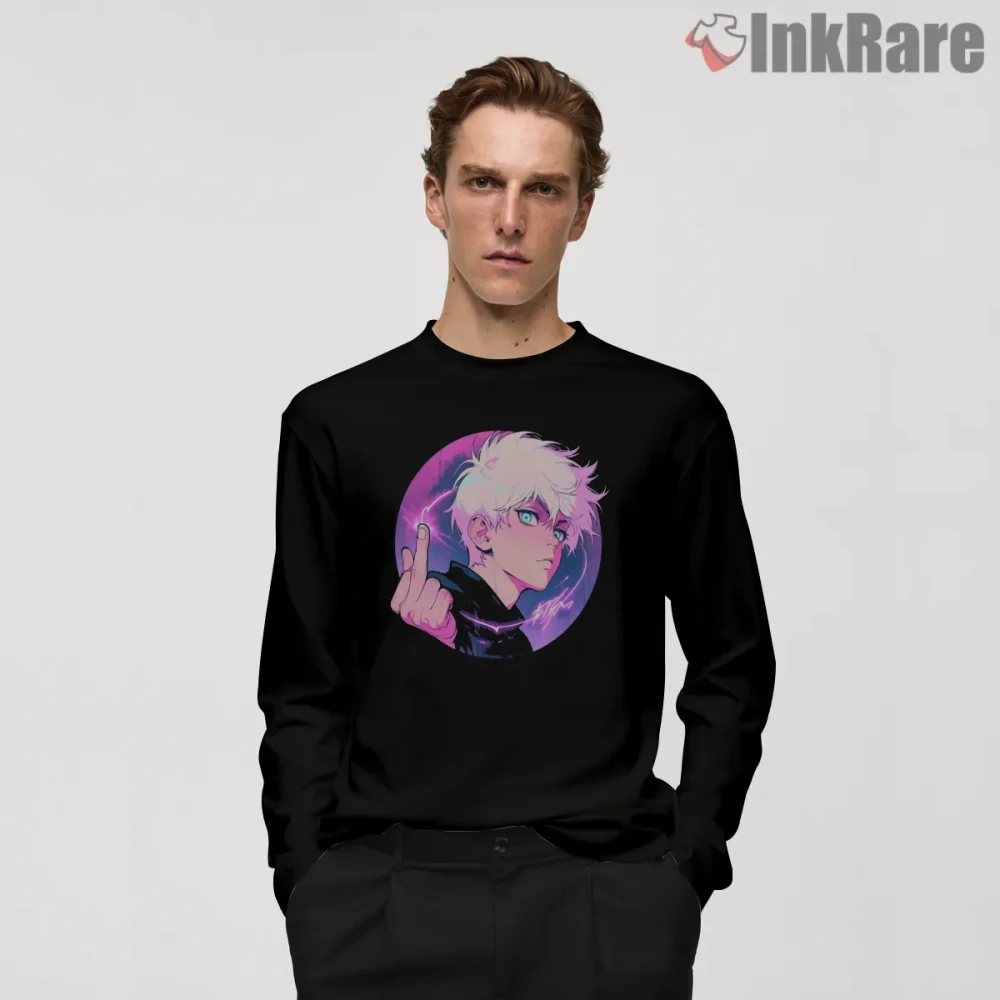 Satoru Gojo Limitless Pink Aura Portrait Anime Shirt on black long sleeve shirt for men graphic tee