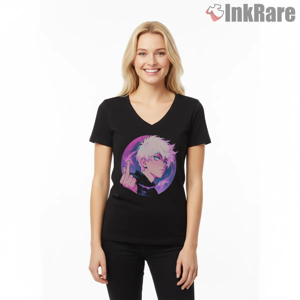 Satoru Gojo Limitless Pink Aura Portrait Anime Shirt on black v-neck shirt for women graphic tee